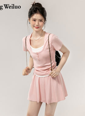 粉色系cleanfit小个子甜系穿搭套装女夏季休闲新款T恤裙子两件套