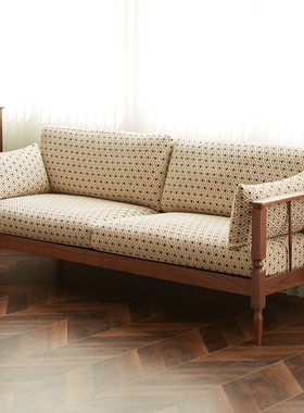 物应复古实木沙发三人位布艺黑胡桃木现代简约小户型北欧客厅家具
