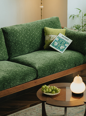 物应莫里斯实木沙发复古三人位绿布艺黑胡桃木小户型北欧客厅家具