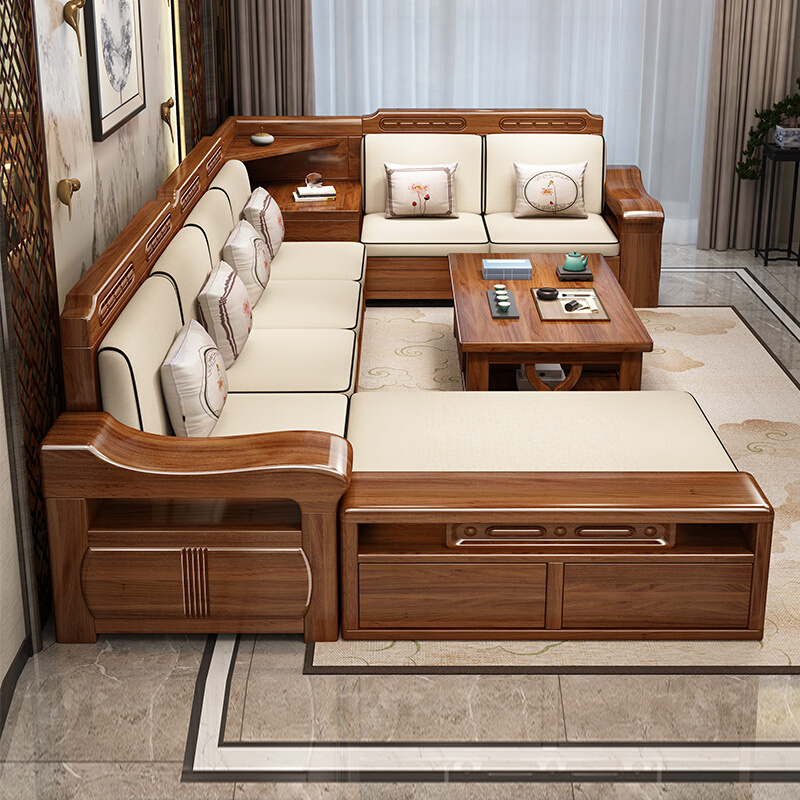 实木转角组合沙发胡桃木实木客厅大小户型新中式储物冬夏两用沙发