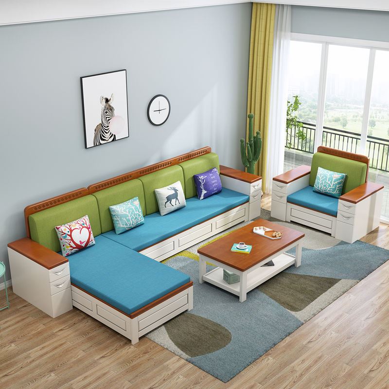 新中式实木沙发可拆洗布艺沙发大小户型客L厅转角沙发储物冬夏两