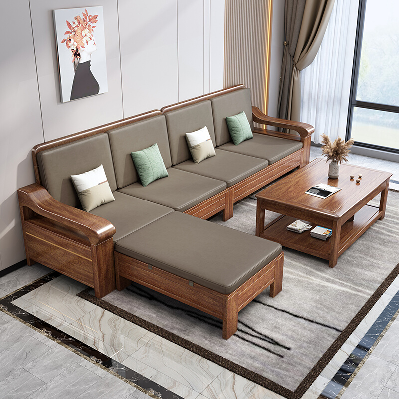中式胡桃木全实木沙发客厅组合冬夏两用大小户型高箱储物转角沙发