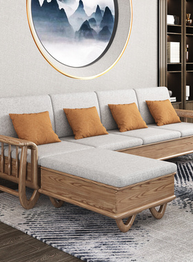 冬夏两用转角沙发新中式小户型直排现代简约客厅高箱储物实木沙发