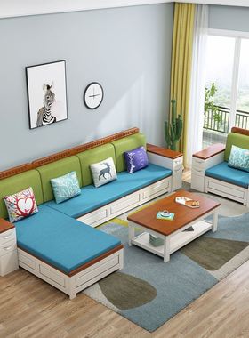 新中式实木沙发可拆洗布艺沙发大小户型客厅转角沙发储物冬夏两用