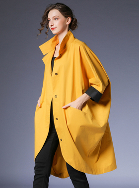 咫尺2024春装新款中长款蝙蝠袖黄色风衣女装大码显瘦立领长外套女