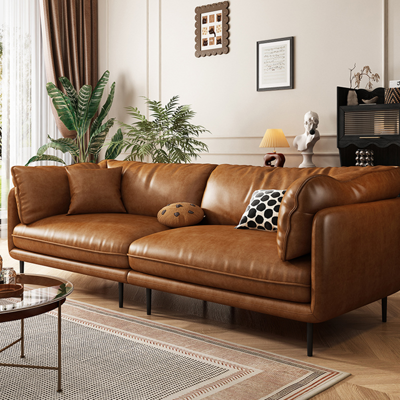 美式复古焦糖色油蜡真皮沙发客厅现代简约三人位小户型直排沙发