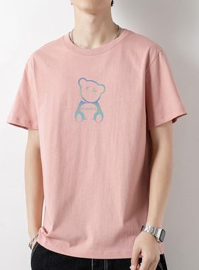 夏季男士短袖t恤圆领上衣服粉色小熊潮牌潮流印花半袖体恤衫