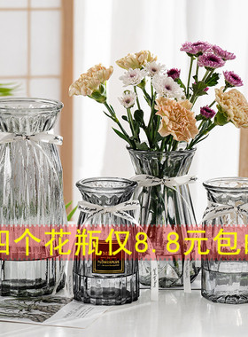 【四件套】透明玻璃花瓶水养百合富贵竹干鲜花插花瓶客厅装饰摆件