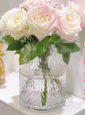 欧式冰川纹ins风 透明玻璃花瓶水培玫瑰花干花鲜花插花瓶居家摆件
