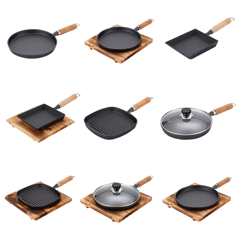 圆型铁板烧牛排盘商用单木柄烧烤肉煎盘家用平底条纹煎锅电磁炉