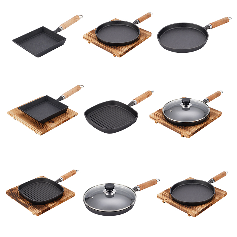 木柄平底条纹烤肉煎锅商用烧烤盘牛排铁板烧盘家用单柄不粘烤盘
