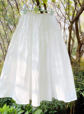 2024夏季日系森女唯美仙女白色竖条纹理棉布拼接大摆中长款半身裙