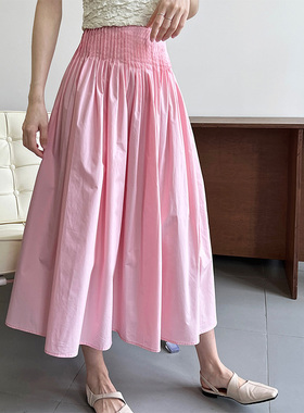 粉色a字百褶半身裙2024春夏新款设计感小众高腰中长款大摆伞裙子
