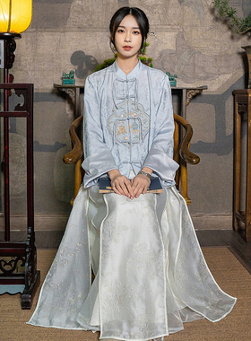 新中式半身裙夏春秋中国风女装白色百搭配提花复古茶服中长款大摆
