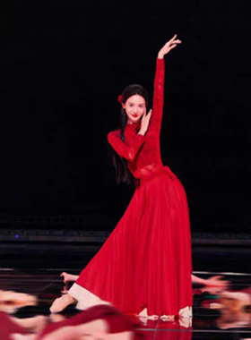 金晨【卜卦】同款2024年会民族古典舞720度大摆裙红色双层舞蹈服