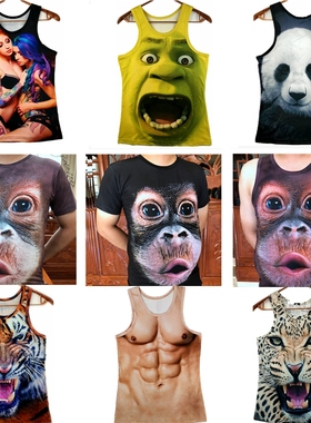 抖音猴子t恤 欧美3D黑猩猩背心男 潮流夏季修身搞笑乌猴背心马甲