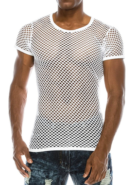 欧美夏季新品个性圆领镂空男T恤网眼渔网透气洞洞衫休闲男团罩衫