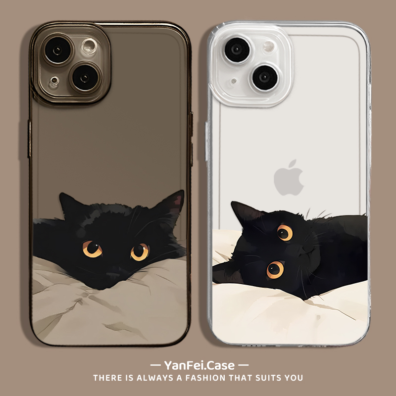 黑猫适用苹果15手机壳iPhone14小众13promax情侣14pro透明12猫咪11红米k70/k60新款100华为pura70荣耀200小猫