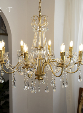 全美一丁法式复古黄铜水晶珍珠吊灯 浪漫水晶蜡烛灯餐厅卧室吊灯