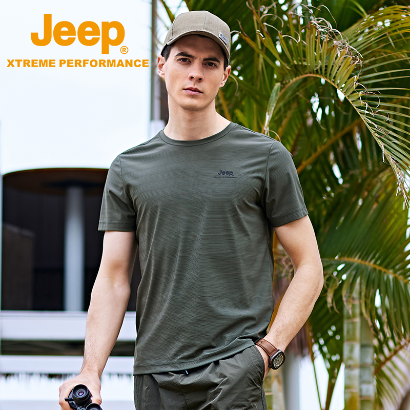 Jeep吉普新款格纹T恤衫男户外透气吸汗锦香格速干T圆领弹力短袖