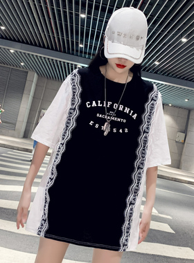 欧货夏季蕾丝黑白拼接t恤女装短袖中长款2021年新款韩版大码上衣