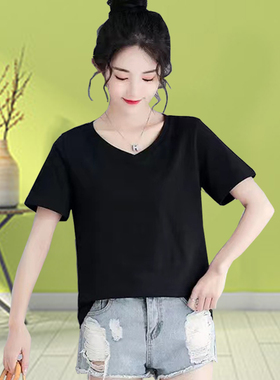 夏季新款黑色短袖T恤简约V领潮流时尚宽松设计感小众纯色修身显瘦