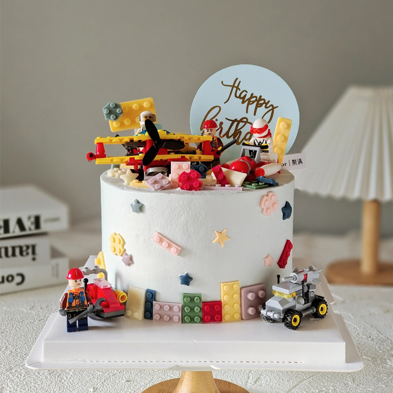 积木乐高主题蛋糕装饰摆件警察直升机警车汽车男生男孩生日插件
