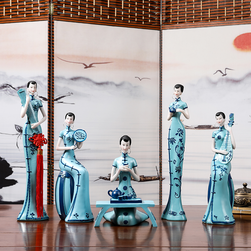 新款中国风旗袍仕女新中式高端装饰品艺术家居玄关酒柜博古架客厅