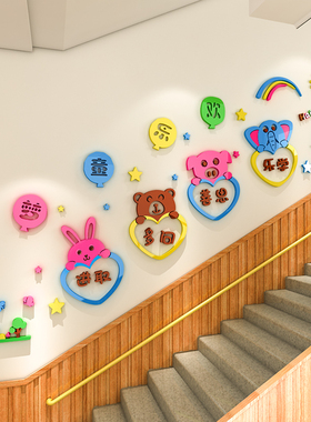 幼儿园楼梯墙面装饰环创主题墙走廊文化墙布置卡通动物3d立体墙贴