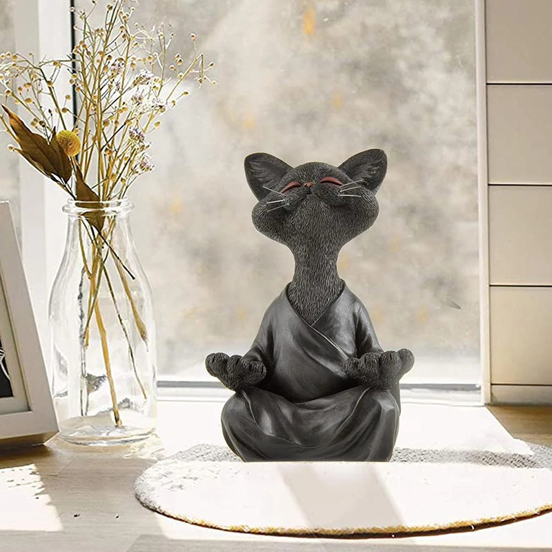跨境热卖 打坐黑猫树脂摆件 树脂工艺品 居家装饰摆件冥想猫收藏