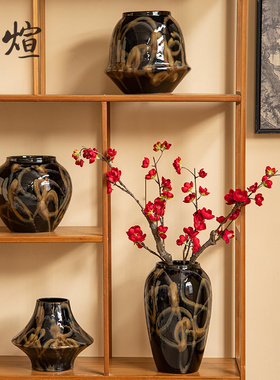 简约新中式创意陶瓷花瓶流金高级感水养插花干花客厅居家装饰摆件
