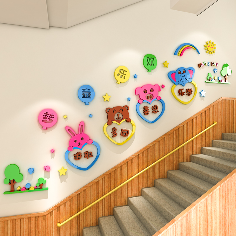 幼儿园楼梯墙面装饰环创主题墙走廊文化墙布置卡通动物3d立体墙贴