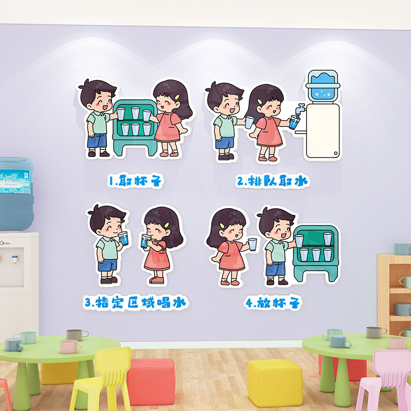 幼儿园饮水区标识牌喝水流程图主题墙区域图书角教室布置墙面装饰