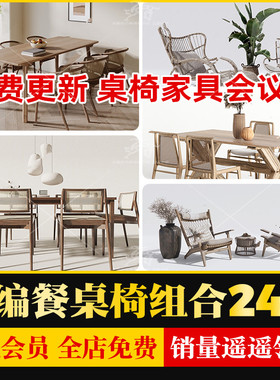 现代日式新中式侘寂风家装藤编餐桌椅家具会议桌草图大师SU模型库