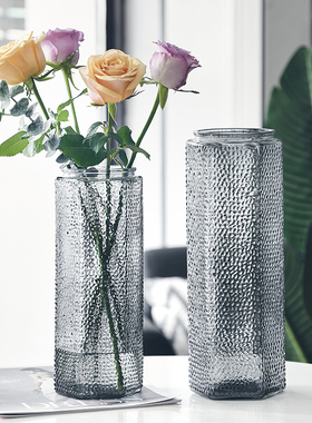 简约现代北欧居家装饰玻璃花瓶透明麻点工艺水养鲜花富贵竹插花瓶