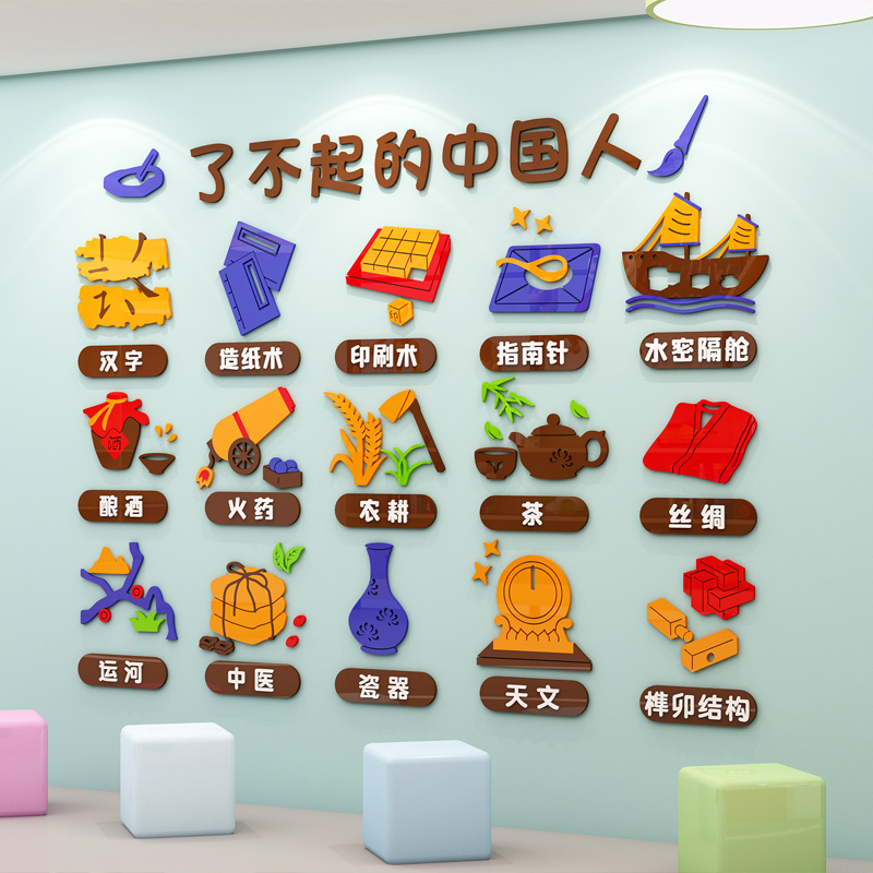 幼儿园墙面装饰了不起的中国人环创主题墙教室走廊楼梯布置墙贴3d