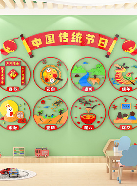 幼儿园墙面装饰中国传统节日文化墙贴立体教室走廊环创主题墙布置