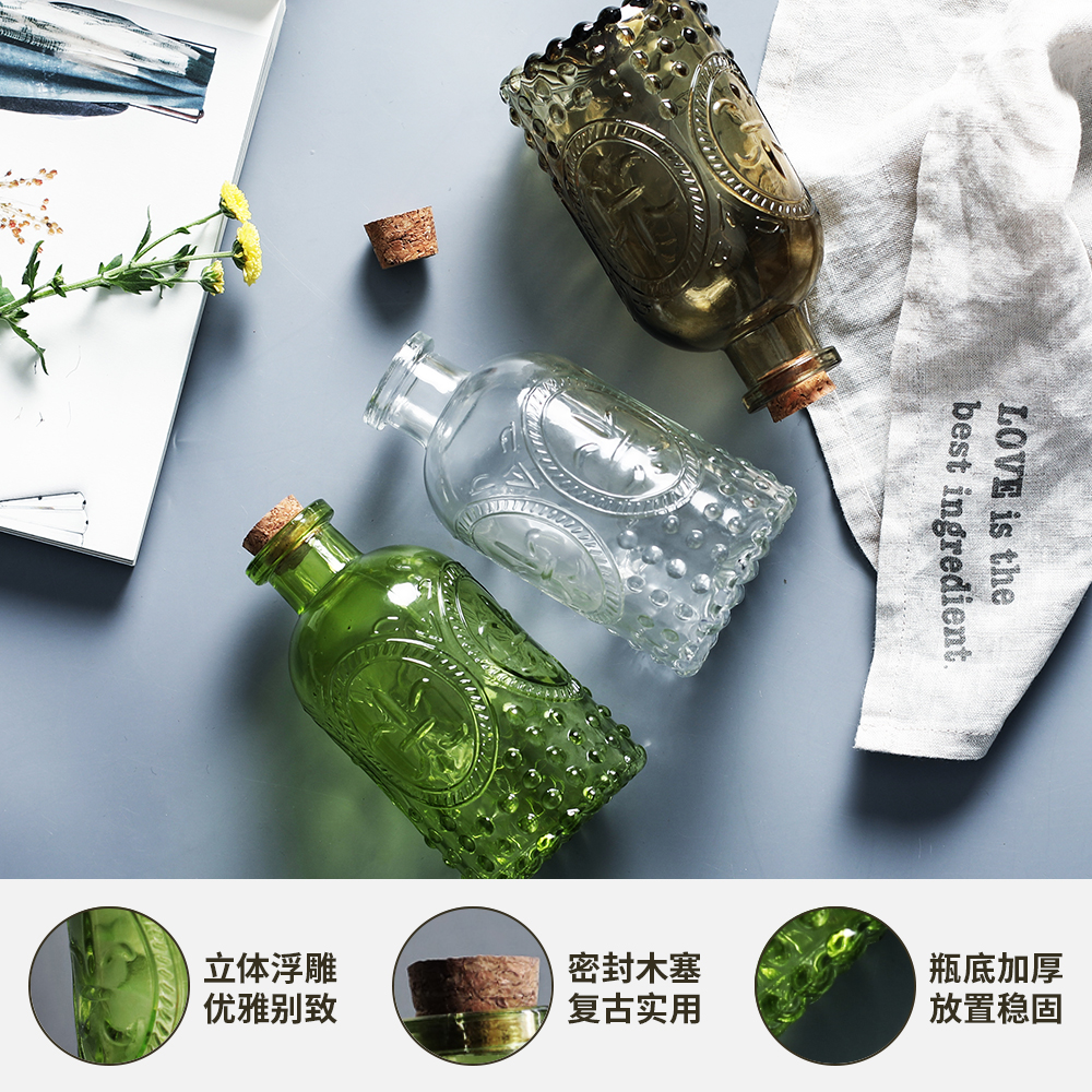 日式浮雕玻璃小花瓶复古香薰精油瓶透明密封瓶水培瓶居家装饰北欧