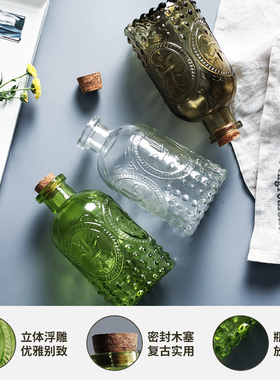日式浮雕玻璃小花瓶复古香薰精油瓶透明密封瓶水培瓶居家装饰北欧