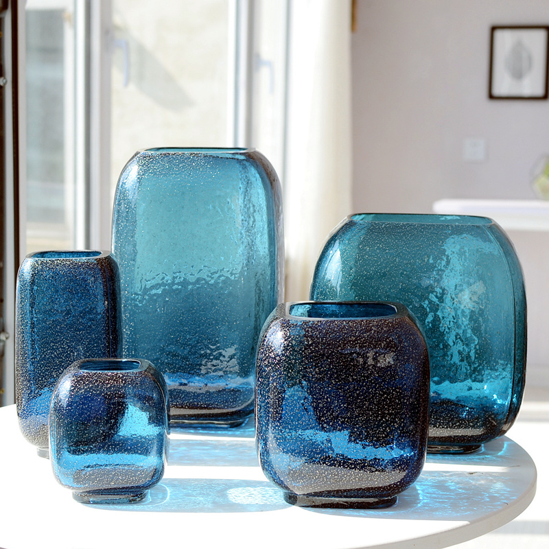 现代简约艺术海蓝色水培方形玻璃花瓶家装摆件客厅套装创意样板房