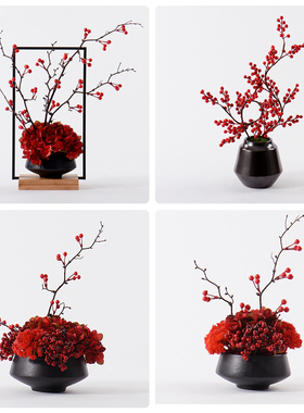 新中式摆件红色花艺乔迁新居礼品搬家开业礼物柿柿如意仿真花装饰