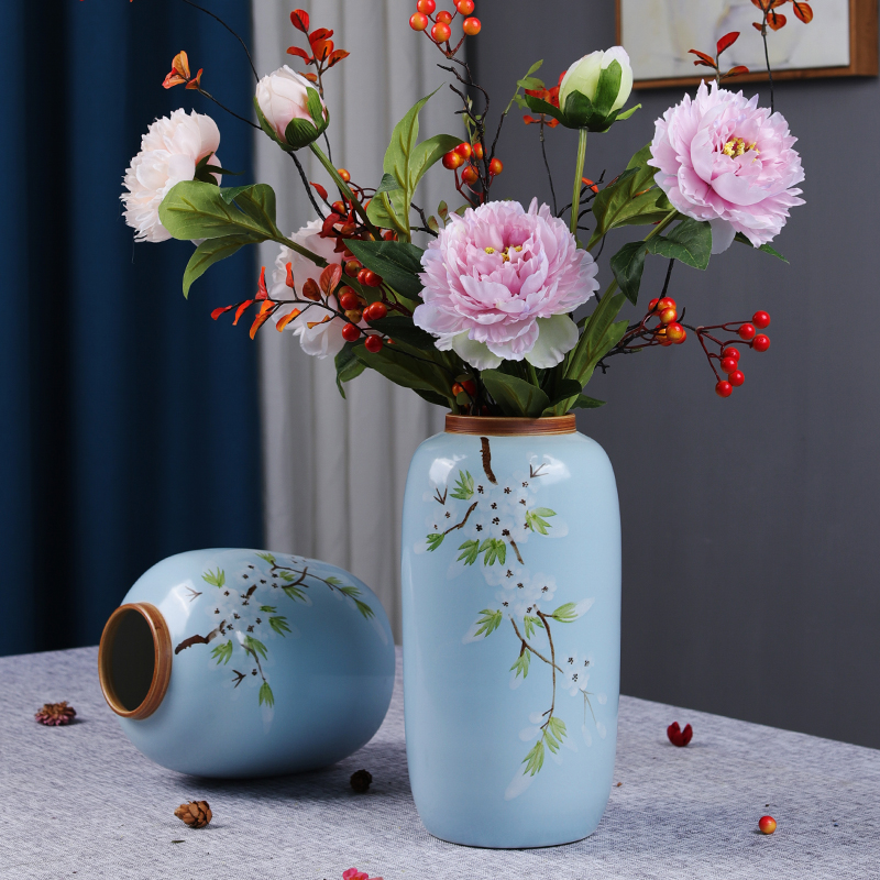 新中式手绘陶瓷花瓶高级感客厅摆件陶罐插花复古居家装饰冬青花器