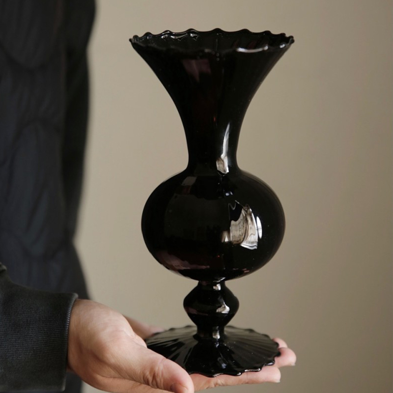 ins韩国风复古玻璃花瓶简约北欧黑色花瓶不规则设计轻奢居家装饰