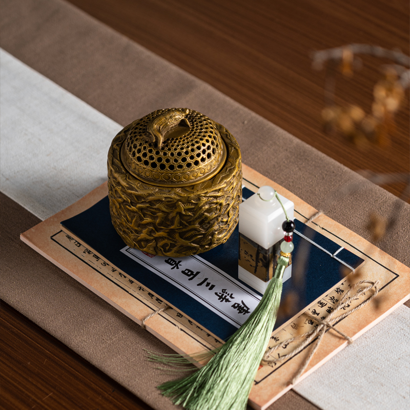 新中式香炉玉石印章摆件样板房茶室茶几软装搭配组合书房桌面摆设