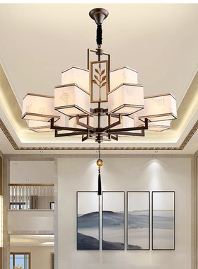 新中式酒店包间吊灯家装客厅餐厅灯简约吊灯方形灯罩吊灯禅意灯具