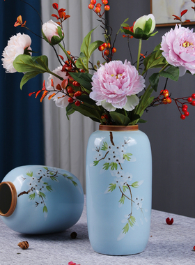 新中式手绘陶瓷花瓶高级感客厅摆件陶罐插花复古居家装饰冬青花器