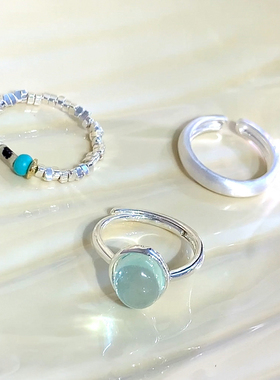 海蓝宝石戒指女小众设计高级感碎银子食指环素圈戒指时尚个性尾戒