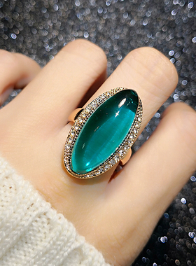 食指戒指女大气潮韩国镀金复古简约创意个性奢华海蓝宝石装饰指环