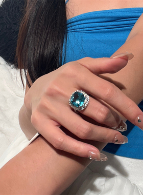 欧美复古轻奢超美海蓝色宝石锆石微镶方形气质个性高级感开口戒指
