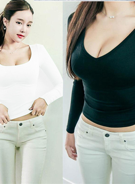 2024春装新款韩版小众设计感v领长袖t恤女性感打底衫紧身百搭上衣